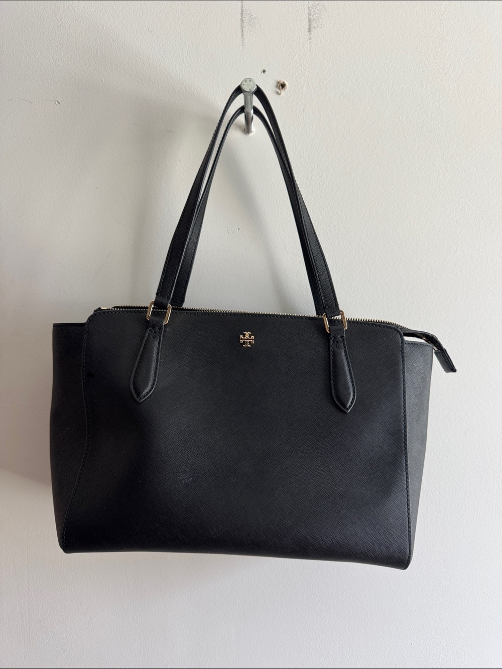 Tory Burch Black Saffiano Shoulder Tote with Gold Logo